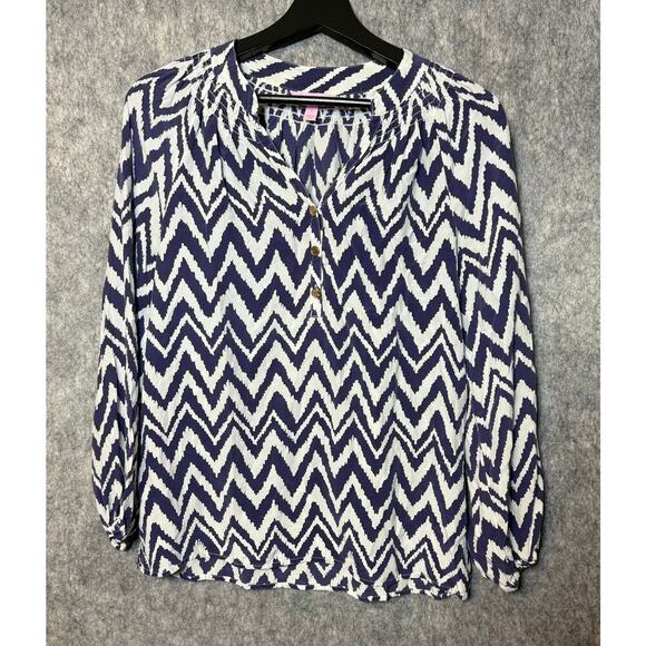 Lilly Pulitzer Silk Chevron V Neck Long Sleeve 1/4 Button Blouse Purple Size S - Picture 1 of 6